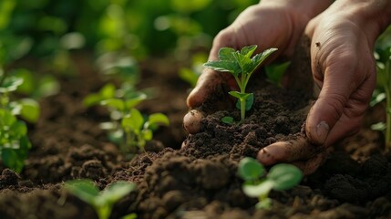 Focused image of hands carefully supporting a young plant, showcasing the act of planting in sun-kissed soil.