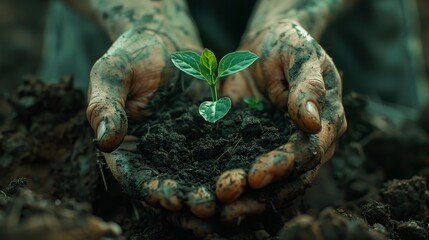 A pair of cupped, soil-covered hands delicately holding a young plant, symbolizing new life and sustainable growth.