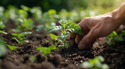 A single hand nurturing a small plant in sun-drenched, fertile earth, symbolizing care and growth.