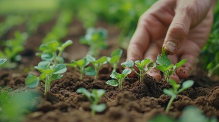 Close-up of a gardener's hand carefully planting delicate seedlings in nutrient-rich, organic garden soil.