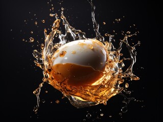 a white and brown egg splashing into a liquid