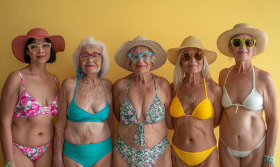 Ageless beauty! Five confident and radiant older women redefine beauty standards in a body-positive image, proudly donning bikinis. This empowering display celebrates the strength and wisdom. - obrazy, fototapety, plakaty