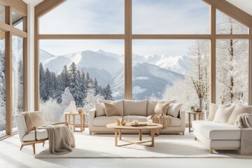 Modern scandinavian living room with large windows for magazine photoshoot in 8k
