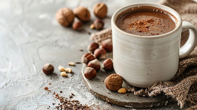 Hazelnut chocolate drink in a white mug with a white backdrop and a big space for text or product with top view, Generative AI.