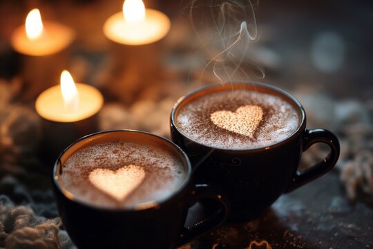 Cappuccino with picture on milk , cup with steam, candle in the style of light black and dark beige, engineering/construction and design, photo taken highly detailed, close up.
