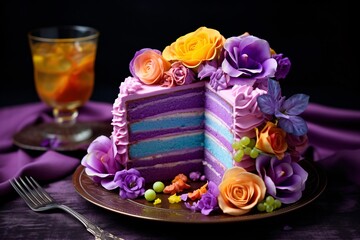 a purple cake with flowers on it