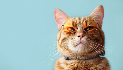 Yellow cat wearing sunglasses on a light blue background. Cat with sunglasses portrait isolated. Fashionable chubby cat with orange fur posing with sunglasses