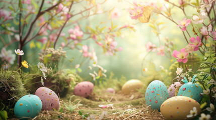 Easter egg spring backdrop (generative AI) - obrazy, fototapety, plakaty