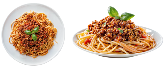 Spaghetti bolognese bundle, side and top view, isolated on a white background, italian food collection