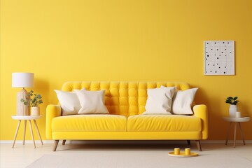 Classic living room with beige sofa, yellow pillows, side tables, lamps, and vibrant yellow wall - obrazy, fototapety, plakaty