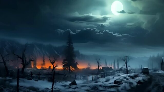 Mysterious winter landscape in the light of the moon with smoldering lights in the distance. Concept: Winter night, mysterious research, elements of surrealism in art.