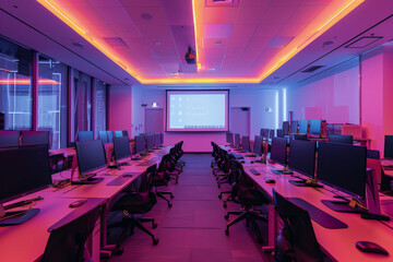 A computer lab with a projector screen that says windows on it