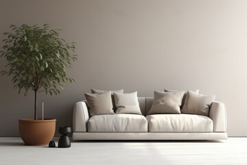 Elegant gray sofa in contemporary living room interior with stylish decor and cozy ambiance