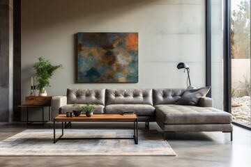 .  title. contemporary living room interior with cozy gray sofa and elegant decor,.