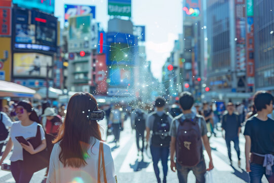 A woman wearing a virtual reality headset walks down a crowded street