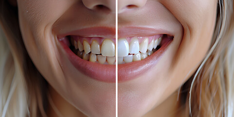 Teeth before and after bleaching. Dental clinic patient, oral care, hygiene.