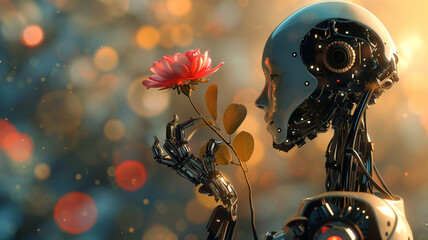 A surreal scene depicting a humanoid robot holding a beautiful blooming flower, juxtaposing technology with natural beauty in a bokeh light background