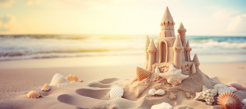 Amidst the serene coastline, a sandcastle evokes the essence of relaxation and creativity, set against the tranquil waters of the ocean.