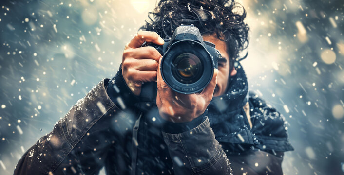 A focused photographer captures the beauty of a winter snowfall, lens pointed forward, flakes dusting his jacket, embodying the passion of winter photography