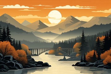 a bridge over a river with mountains and trees