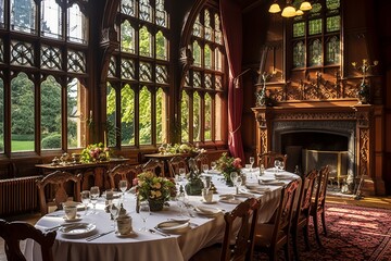 Fototapeta na wymiar Elegant dining room with fireplace and large windows, beautifully set table on light background