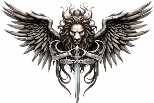 family emblem, engraving illustration in retro style on white background. lion head, wings and sword