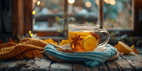 Obraz na płótnie Canvas Cup hot tea with lemon on the windowsill woolen plaid, Herbal tea in a mug of glass ene rustic wooden table. Autumn card. pair effect. 