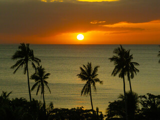 Fototapeta na wymiar Beautiful sunset in Santa Fe. Coconut trees with red orange sunset. Tablas, Romblon. Philippines.