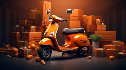 a orange moped with boxes and boxes