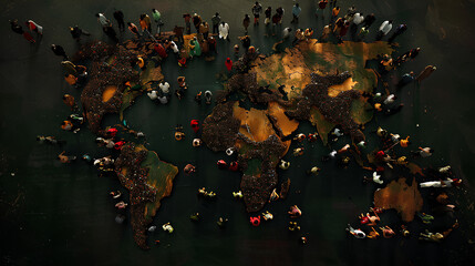 A group of people in the form of a world map. Population. Globalization. People from different countries. - obrazy, fototapety, plakaty