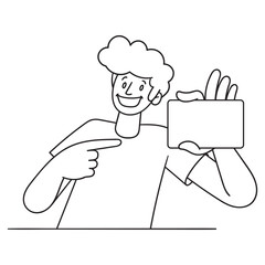 man points to credit card. Outline comic illustration vector.