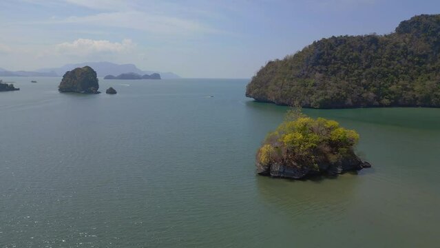 Island in sea malysia Langkawi. Fantastic aerial top view flight overflight flyover drone
4k footage