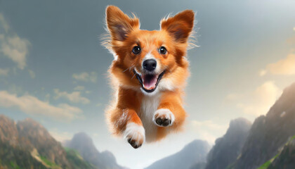 Dog jumping in the air, small orange fluffy dog on isolated backgroun, animals, pet, hungry, playing, puppy wanting food, puppy.