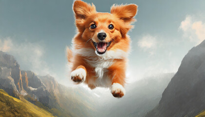 Dog jumping in the air, small orange fluffy dog on isolated backgroun, animals, pet, hungry, playing, puppy wanting food, puppy. - obrazy, fototapety, plakaty