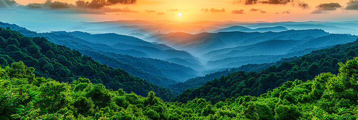 Sunset Over Mountains in National Park, Scenic Landscape with Trees, Vibrant Sky and Valley View, Tranquil Nature