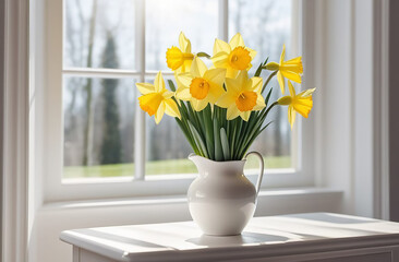 White vase with yellow daffodils near the window.