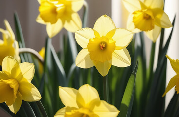 Obraz premium Bouquet of yellow daffodils on a light background.