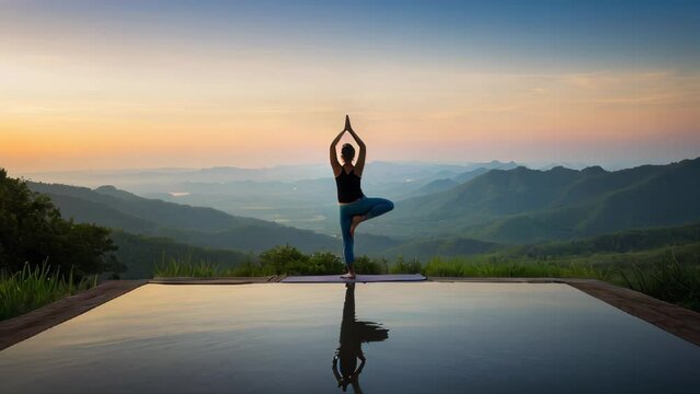 Sunset Silhouette: Woman with yoga relax with landscape behind