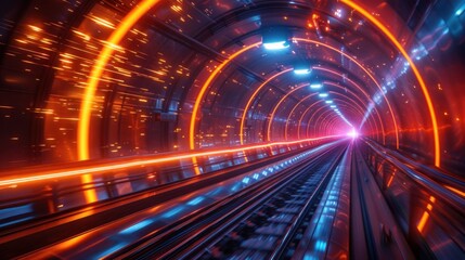 Fototapeta na wymiar Neon Labyrinth: Burning yellow lights illuminating an amazing path through glittering tunnels