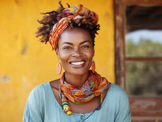 Fototapeta premium 3d rendering of a beautiful African woman with gold and yellow toned clothing.