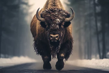 Fototapeten a bison running on a road © Alex
