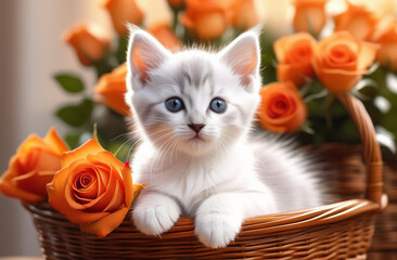White and gray kitten in a basket with orange roses.