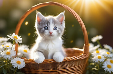 White-gray kitten in a basket with daisies.