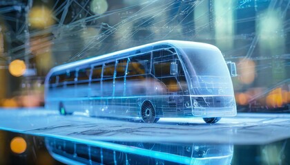 Futuristic holographic outline model of a modern bus. Cold tone wireframe. Polygonal model