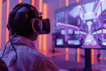 A man wearing a virtual reality headset is playing a video game