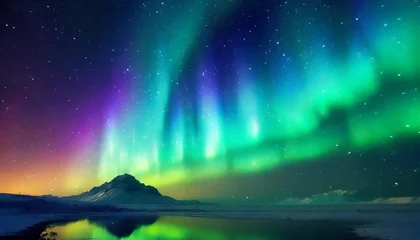 Zelfklevend Fotobehang aurora borealis over the river © netsay