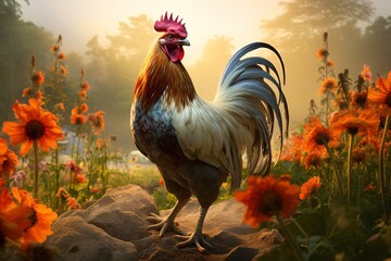 a rooster standing on rocks in a field of flowers - obrazy, fototapety, plakaty