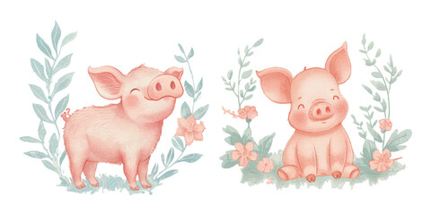 cute pig soft watercolour vector illustration