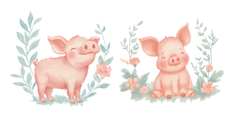Fotobehang cute pig soft watercolour vector illustration © Finkha