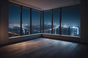 Empty room in a skyscraper with a view of the night city. Expensive property with a beautiful view.